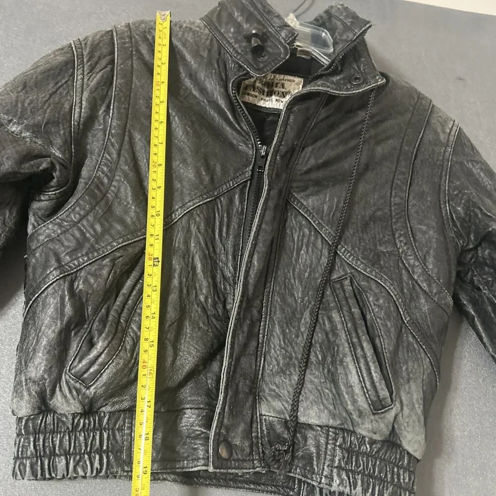 Vintage 90s Soha Fashion’s Boys Charcoal Black Leather Bomber Jacket Sz M